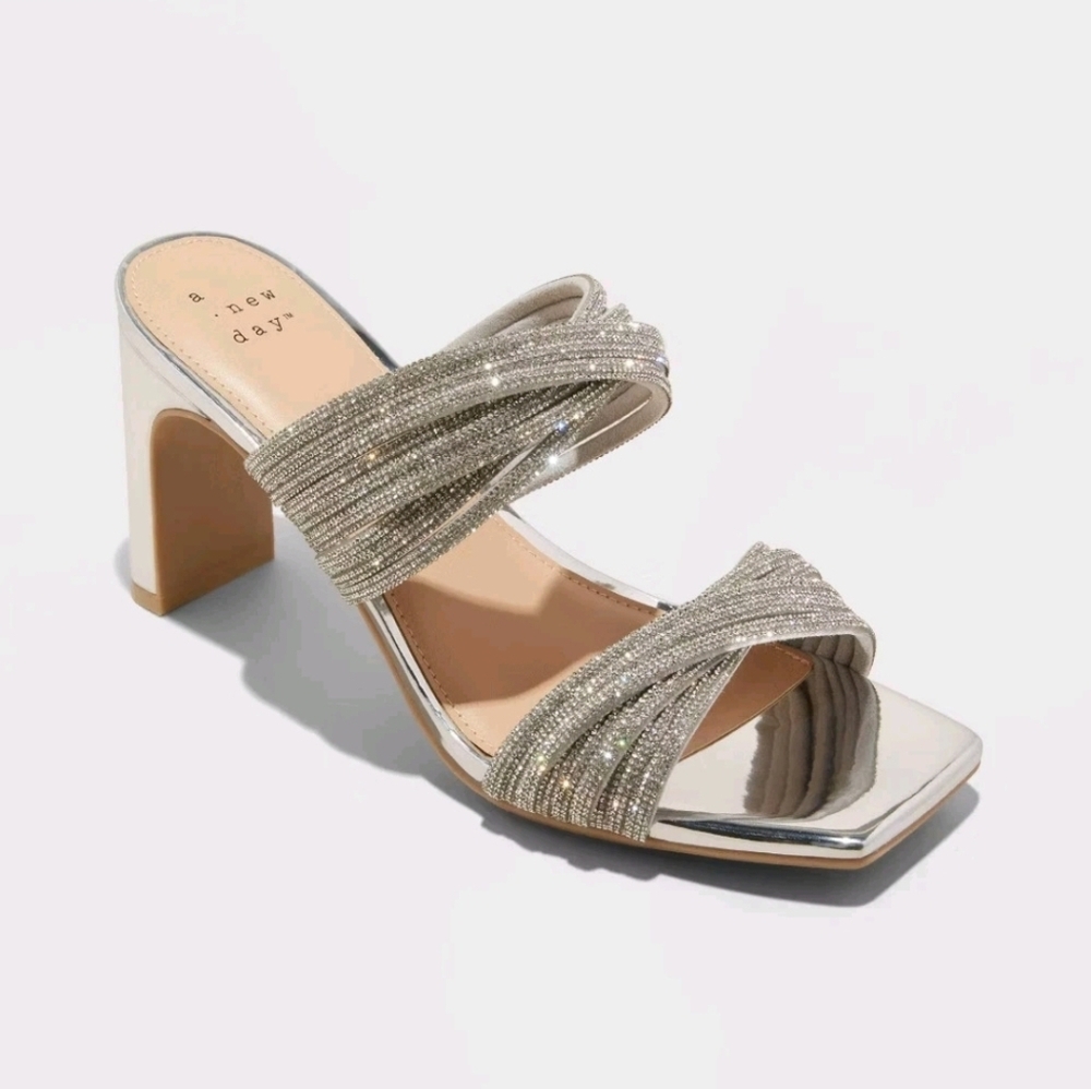 Strappy Heels Rhinestone Wedding Party Silver Sandals Thin Block Heel Size 9.5